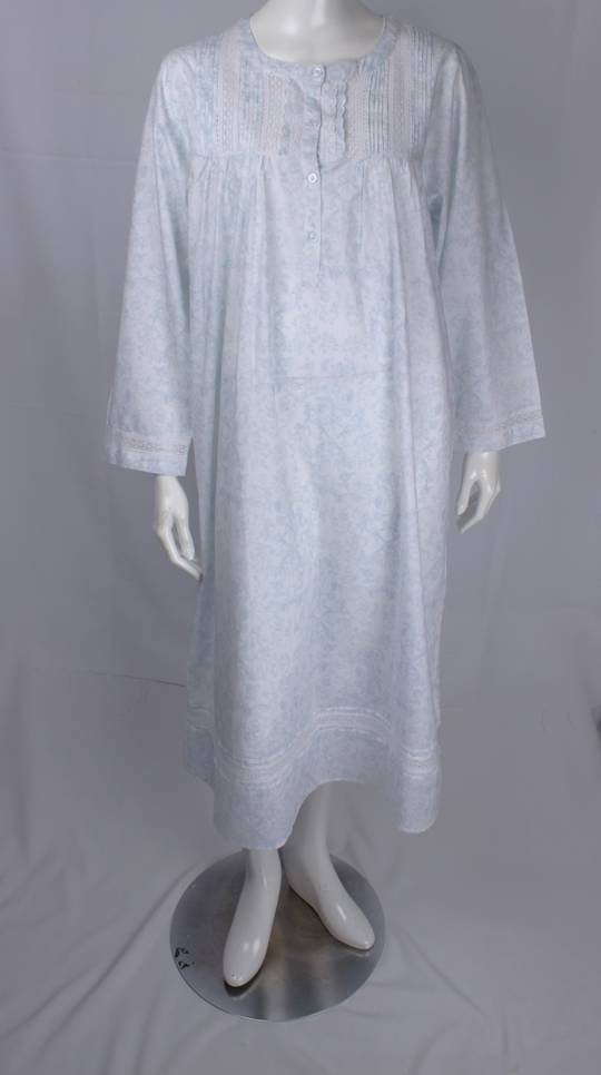 ALICE & LILY cotton poplin winter L/S nightie w pleated and lace floral yoke blue toile Style :AL/ND-514